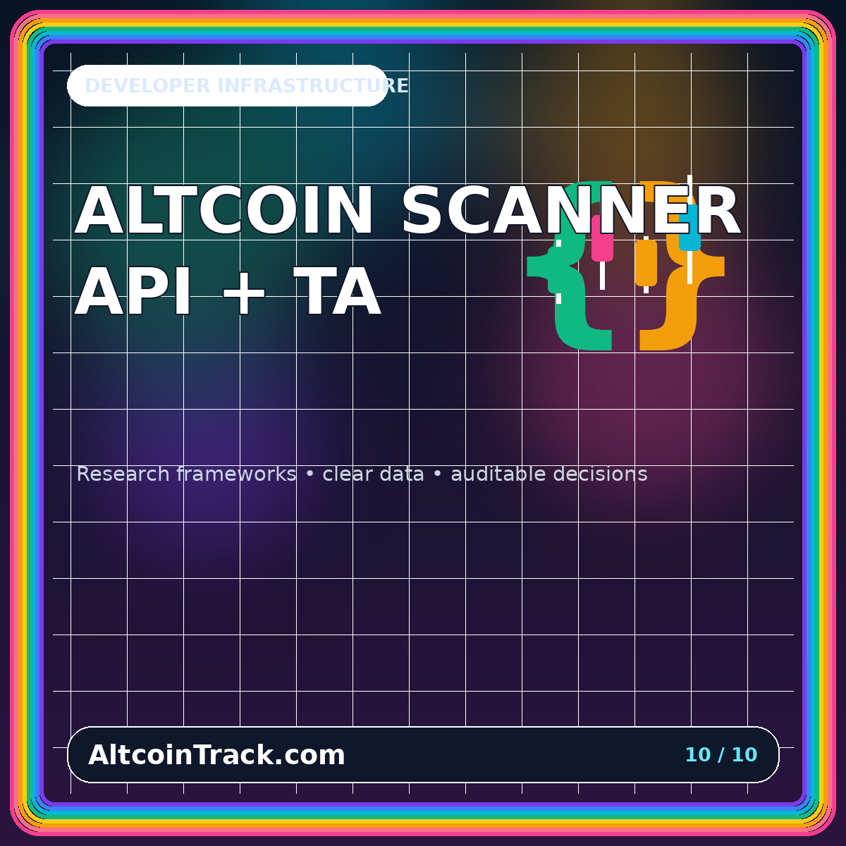Neon typography card for Altcoin Scanner API Design: Technical Analysis, HFT Data, Signals, and Security