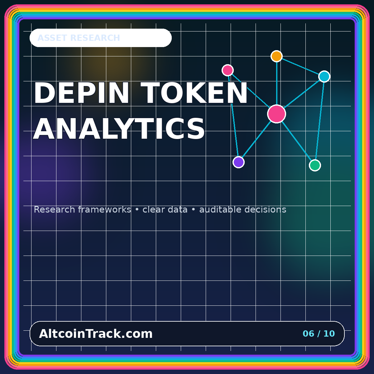 Neon typography card for DePIN Token Analytics: Network Usage, Hardware Economics, and Token Incentives